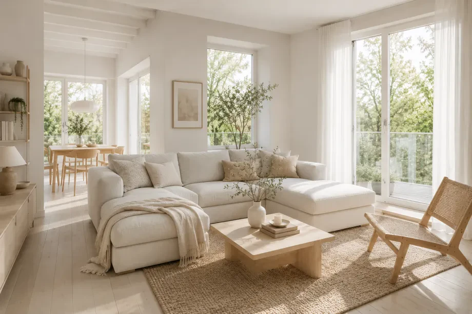 Modernes helles Wohnzimmer mit skandinavischem Charakter
