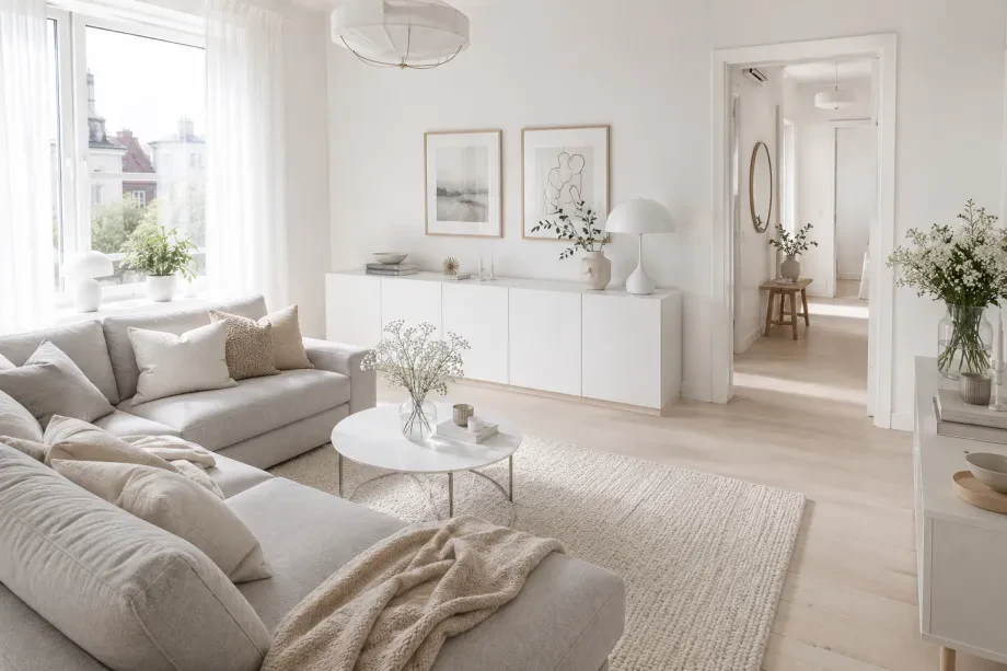 Modernes weißes Wohnzimmer im skandinavischen Stil