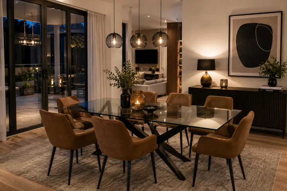 Stilvoll gestaltetes Esszimmer mit Glastisch und braunen Stühlen
