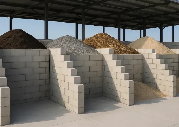 Robuste Schüttgutboxen aus modularen Betonsteinen für landwirtschaftliche Betriebe in Baden-Württemberg