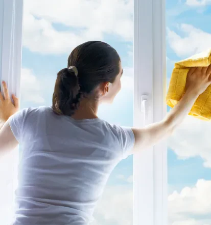 rau reinigt Fenster mit gelbem Tuch bei professioneller Gebäudereinigung