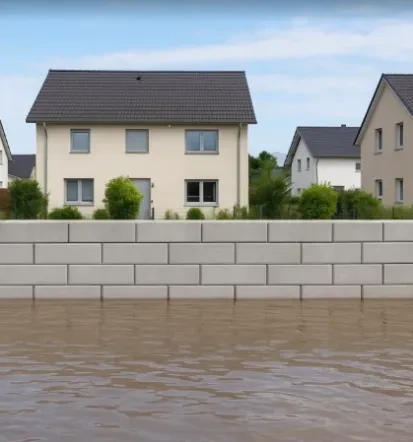 Massive Betonblocksysteme für geplante Hochwasserschutzmaßnahmen in Baden-Württemberg